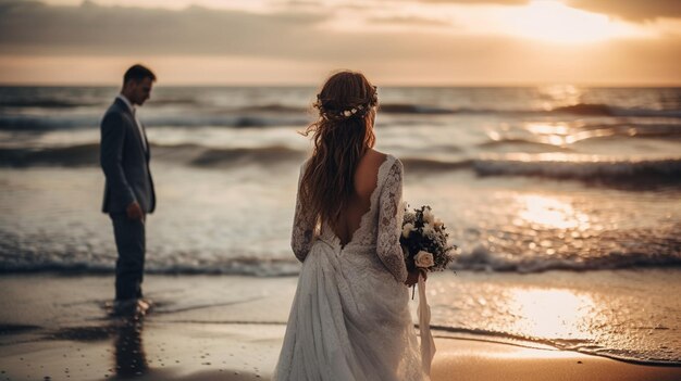 Ein Brautpaar steht am Strand und blickt auf das Meer.