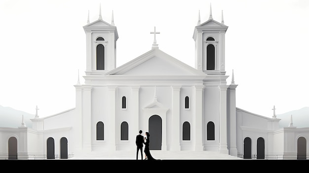ein Brautpaar vor einer weißen Kirche