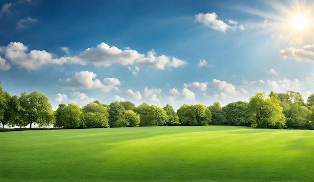 Ein breiter Rasen, der präzise unter einem blauen, sonnigen Himmel geschnitten wird