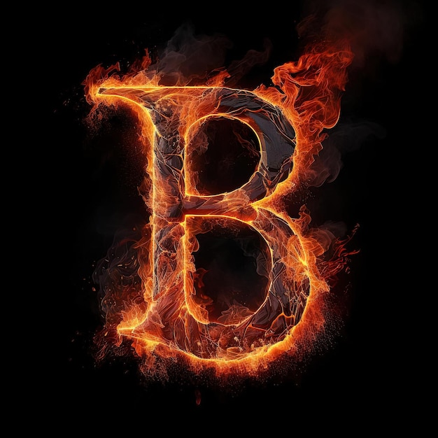 ein brennender Buchstabe B auf schwarzem Hintergrund im Stil epischer Fantasy-Szenen