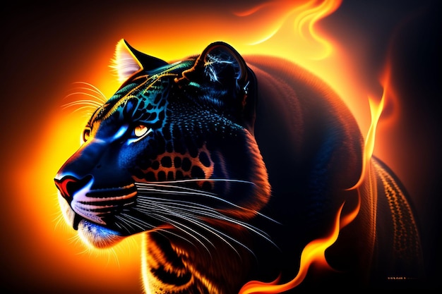Ein brennender Tiger mit Flammen im Hintergrund