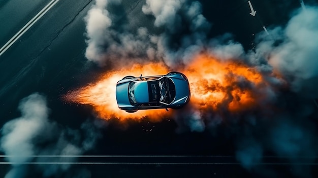 Ein brennendes Auto, aus dem Rauch aufsteigt. generative KI.