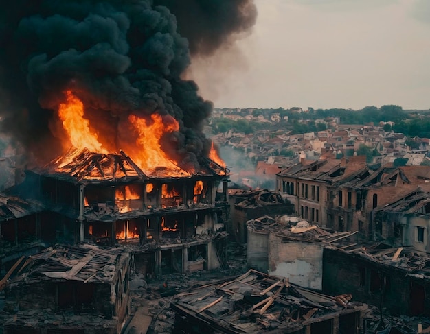 Ein brennendes Kriegsgebäude in der Altstadt Das Konzept der Konsequenzen des Krieges