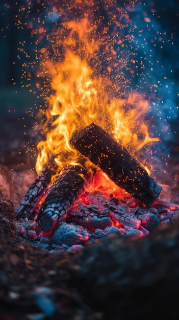 Ein brennendes Lagerfeuer mit leuchtend orangefarbenen Flammen und glühenden Glühen.