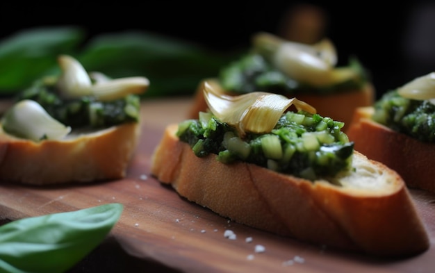 Ein Brett mit Brot, Knoblauch und Frühlingszwiebeln darauf