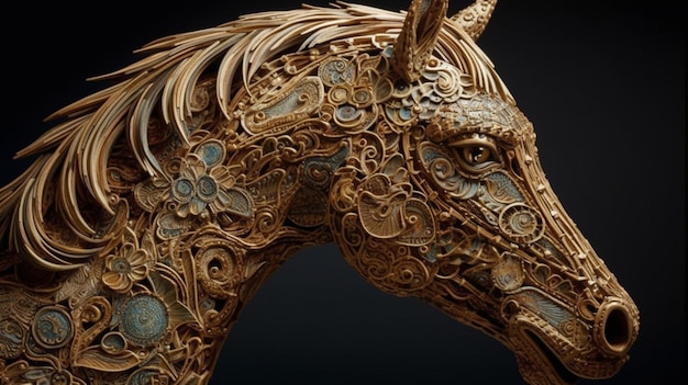 Ein Bronzepferd mit aufwendigen Mustern darauf