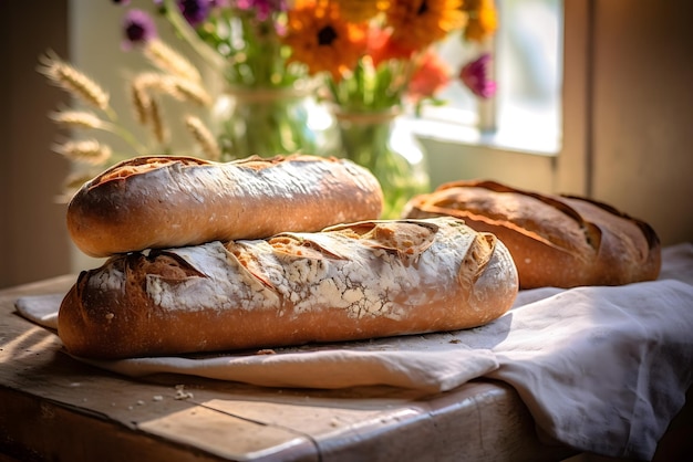 Ein Brot liegt auf einem Tisch mit Blumen im Hintergrund.