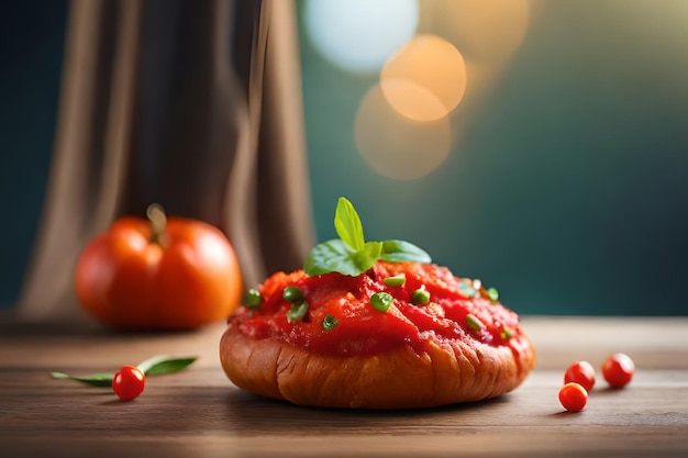 Ein Brot mit Tomatensauce darauf und ein paar Tomaten auf dem Tisch