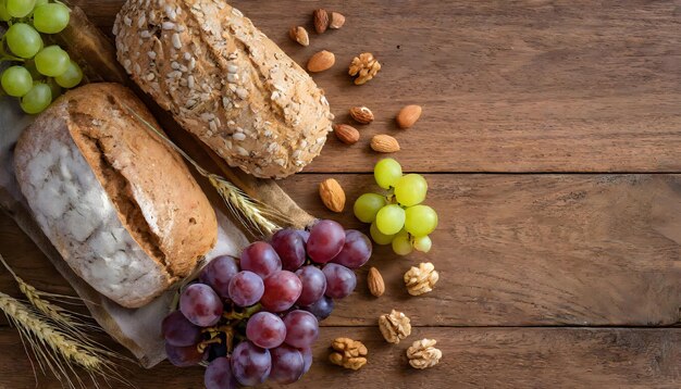 Foto ein brot und trauben auf einem holztisch