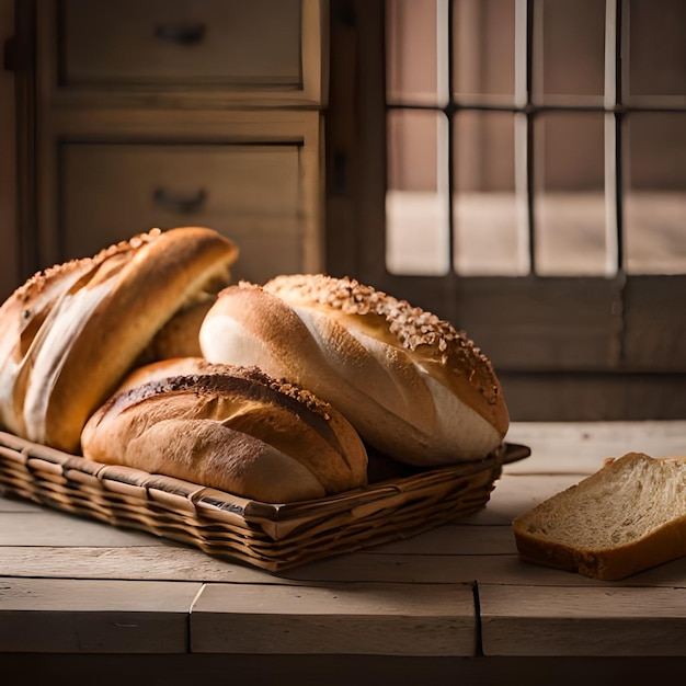 Ein Brotkorb mit einer Scheibe Brot daneben.