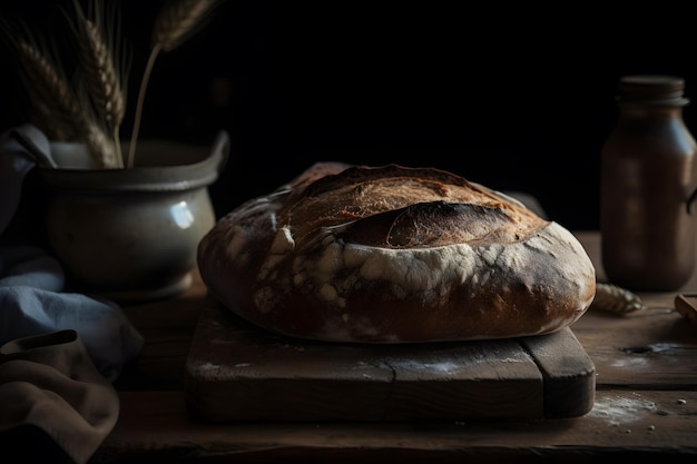 Ein Brotlaib auf einem Holzschneidebrett mit einer Holzschale im Hintergrund.