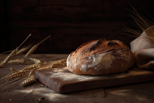 Ein Brotlaib sitzt auf einem Holzschneidebrett mit Ähren im Hintergrund.
