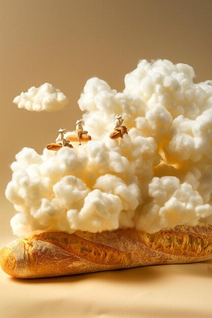 Ein Brotstück sitzt auf einem Tisch mit einer Wolke weißer Zuckerwatte