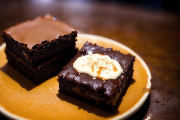 Ein Brownie mit einer weißen Creme darüber