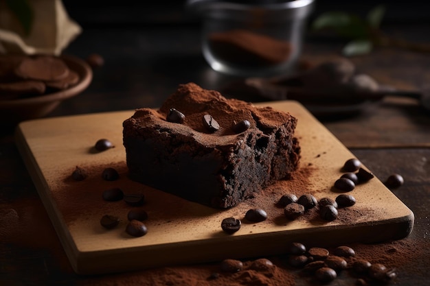 Ein Brownie mit Kaffeebohnen auf einem Holzbrett