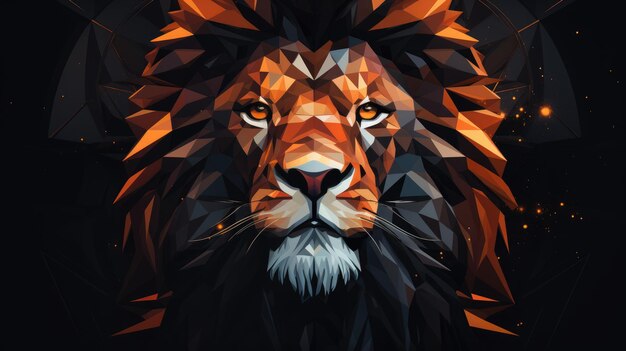 ein brüllender Löwenkopf, der von der Vorderseite aus gesehen wird. Einfacher Logo-Stil, niedrige Tonfarben, KI Generativ
