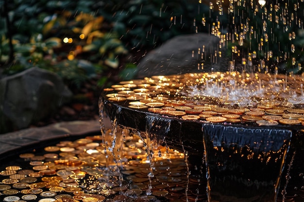 Ein Brunnen aus Goldmünzen regnet im Park