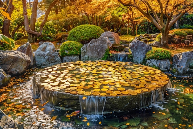 Ein Brunnen aus Goldmünzen regnet im Park