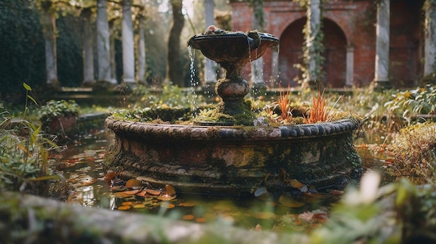 Ein Brunnen in einem Garten mit einem Gebäude im Hintergrund