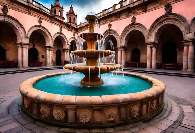 ein Brunnen mit einem blauen Wasserbrunnen vor einem rosa Gebäude