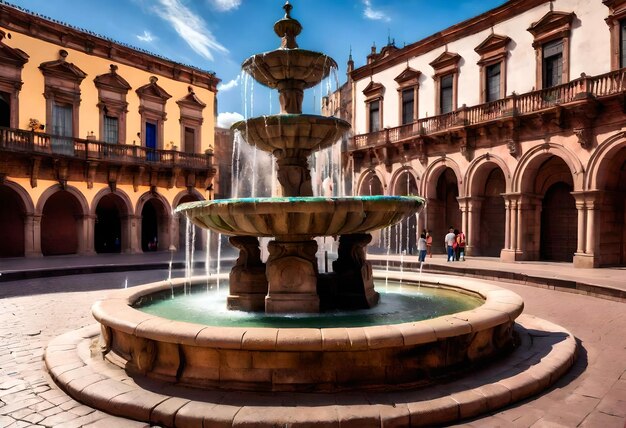 ein Brunnen mit einem Brunnen vor einem Gebäude mit einem Himmelshintergrund