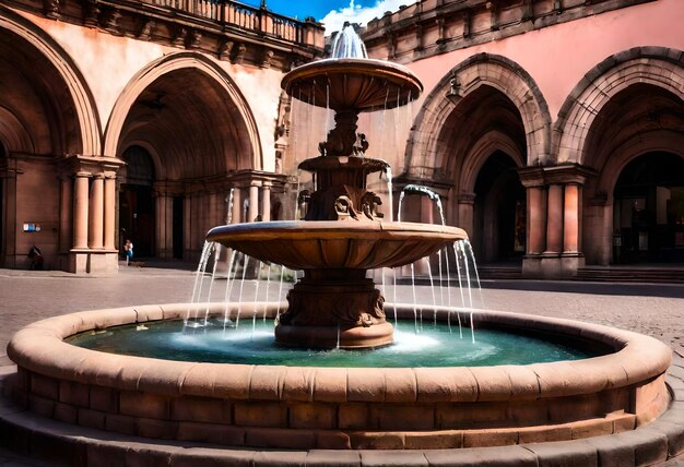 ein Brunnen mit einem Brunnen vor einem Gebäude mit einer Person, die vorbeigeht