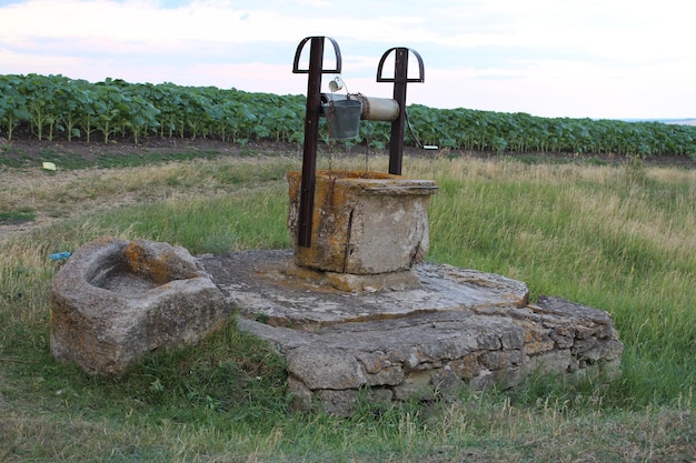 Foto ein brunnen mit einem eimer darauf