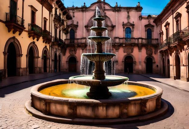 ein Brunnen mit einem Gebäude im Hintergrund, das sagt, dass der Brunnen aus Stein gemacht ist