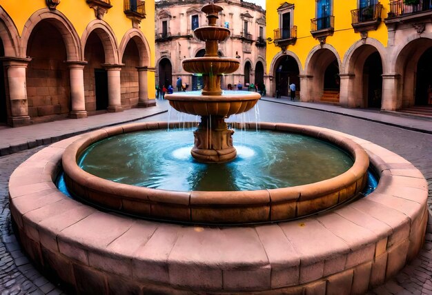 ein Brunnen mit einem gelben Gebäude im Hintergrund, das die Stadt Venedig genannt wird
