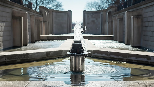 ein Brunnen mit Wasser, das daraus kommt, und das Wort "willkommen" auf dem Boden