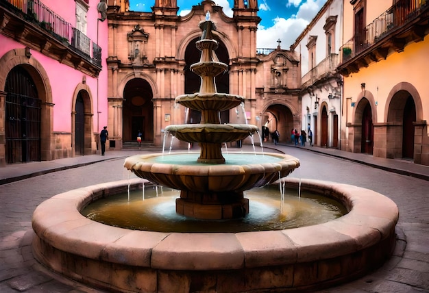 ein Brunnen mit Wasser, das durch ihn fließt, und ein rosa Gebäude im Hintergrund