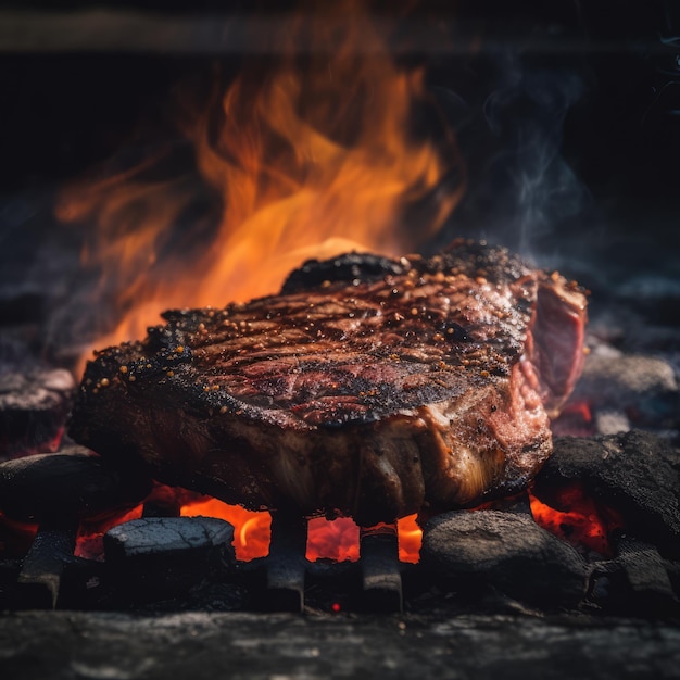 Ein brutzelndes Steak auf einem rauchigen Grill mit roter Kohle generativer KI