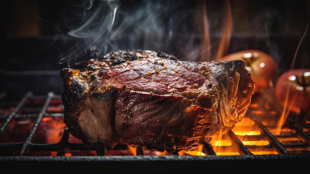 Ein brutzelndes Steak auf einem rauchigen Grill mit roter Kohle generativer KI