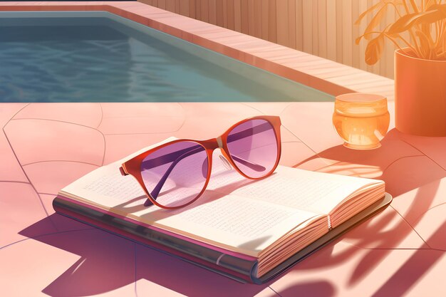 Ein Buch am Pool mit Sonnenbrille darauf