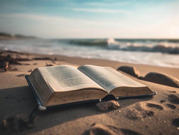 Ein Buch am Strand mit dem Titel des Buches auf der linken Seite.