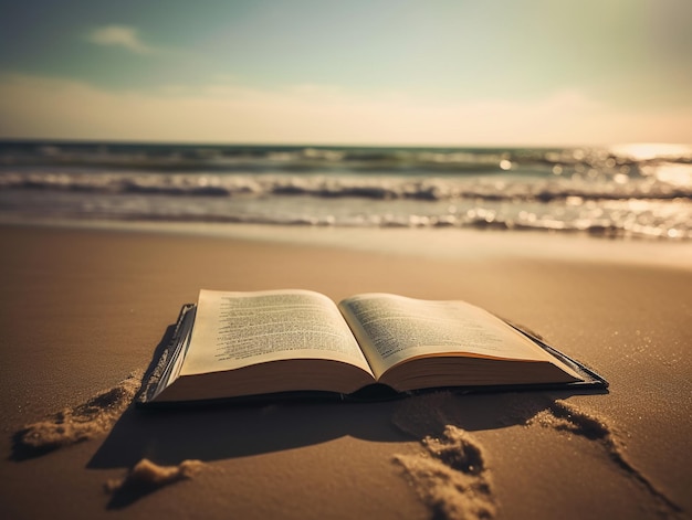 Ein Buch am Strand mit dem Wort „offen“ darauf.