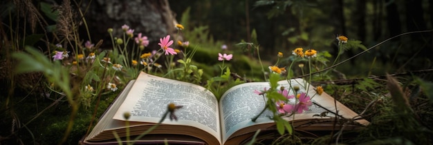 Ein Buch auf der Wiese mit Blumen darauf Weltbuchtag-Konzept