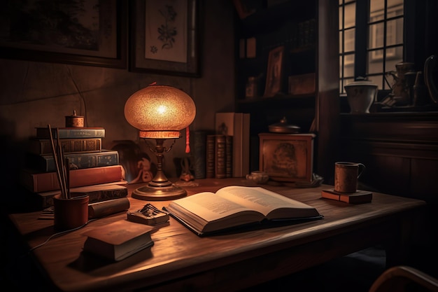 Ein Buch auf einem Schreibtisch mit einer Lampe, auf der das Wort steht.