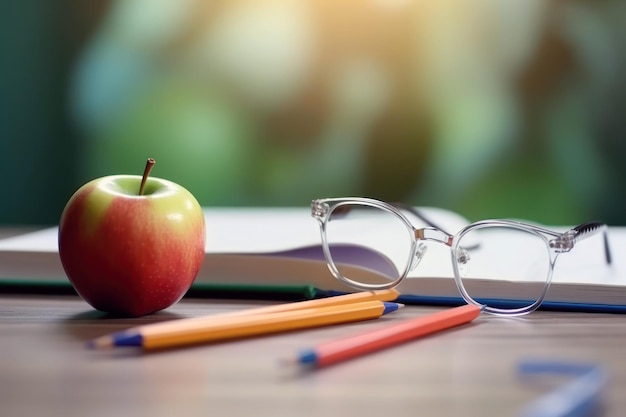 Ein Buch, eine Brille und ein Apfel stehen auf einem Schreibtisch mit einem Buch darauf.
