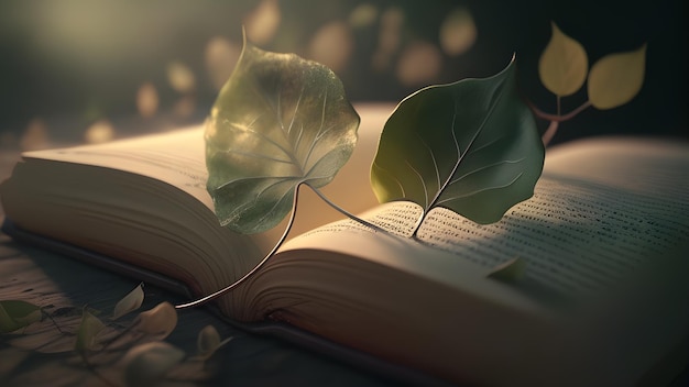Ein Buch mit Blättern darauf und einer Blume auf der linken Seite.