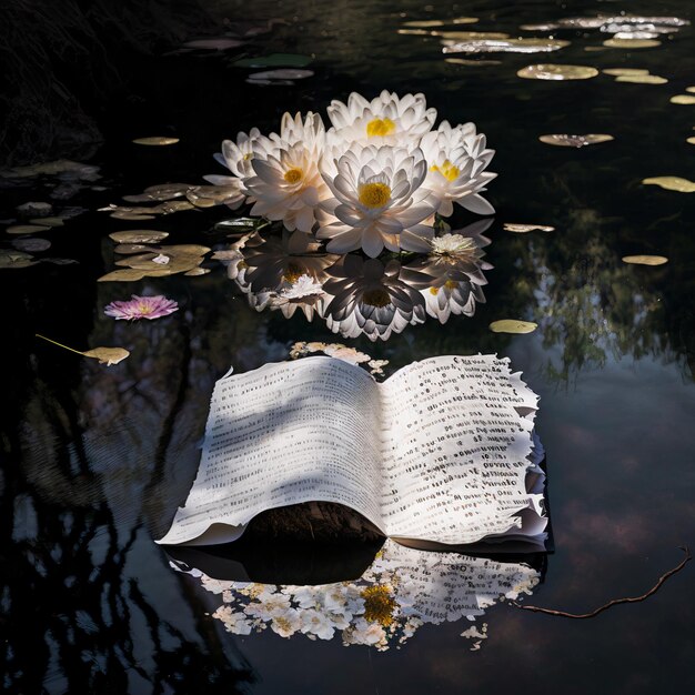 Ein Buch mit dem Wort „auf seinen Seiten“ liegt im Wasser.