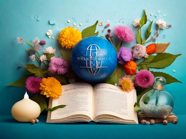 ein Buch mit einem blauen Ball und Blumen darauf