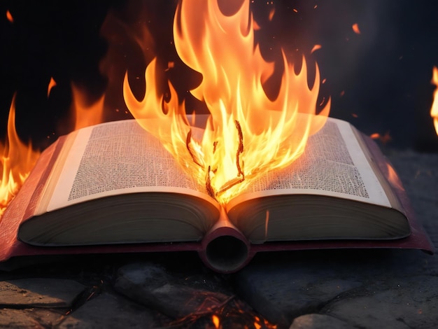 Ein Buch mit einem Feuer, das darauf brennt, wurde erzeugt.