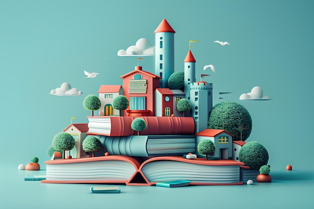 Ein Buch mit einem Schloss darauf und Bäumen darauf, umgeben von Büchern und Gebäuden