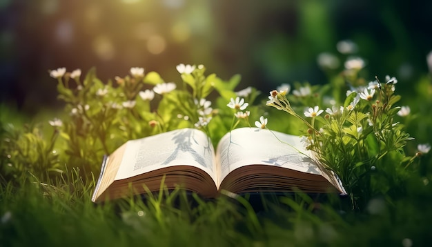 Ein Buch steht auf einem grasbewachsenen Feld offen, umgeben von Blumen