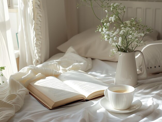 Ein Buch steht offen auf einem Bett mit einer Vase mit Blumen und einer Tasse Tee