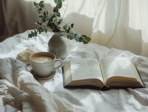 Ein Buch steht offen auf einem Tisch neben einer Tasse