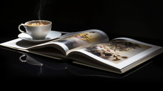 Foto ein buch und eine tasse kaffee auf einer untertasse mit einem buch darauf.