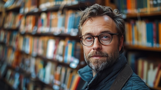 Ein Buchwurm-Bibliothekar macht ein Selfie mit seinen Büchern und Brillen Ein Porträt eines Lesers