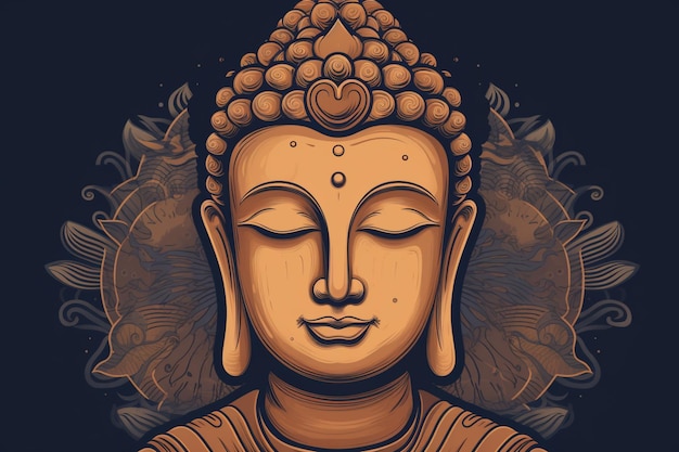 Ein Buddha-Gesicht mit floralem Hintergrund.